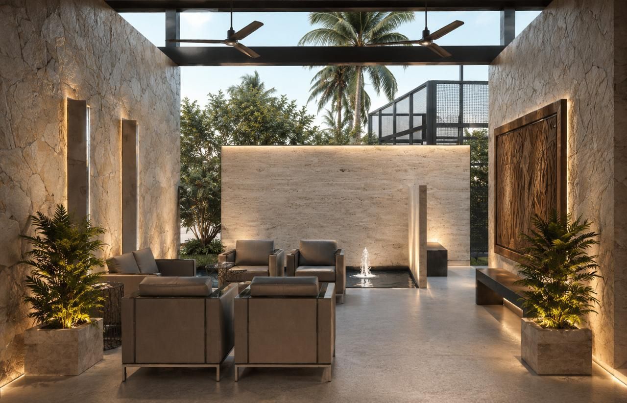 Rendering of an outdoor lounge at the Higuera Residence clubhouse