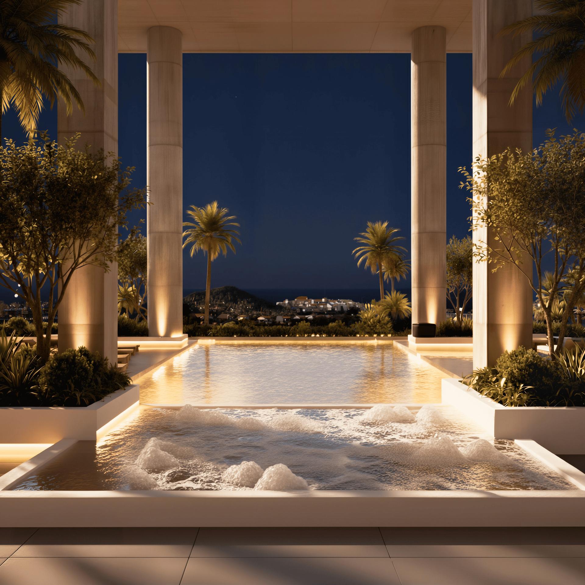 Rendering of the Kumo Living infinity pool at night