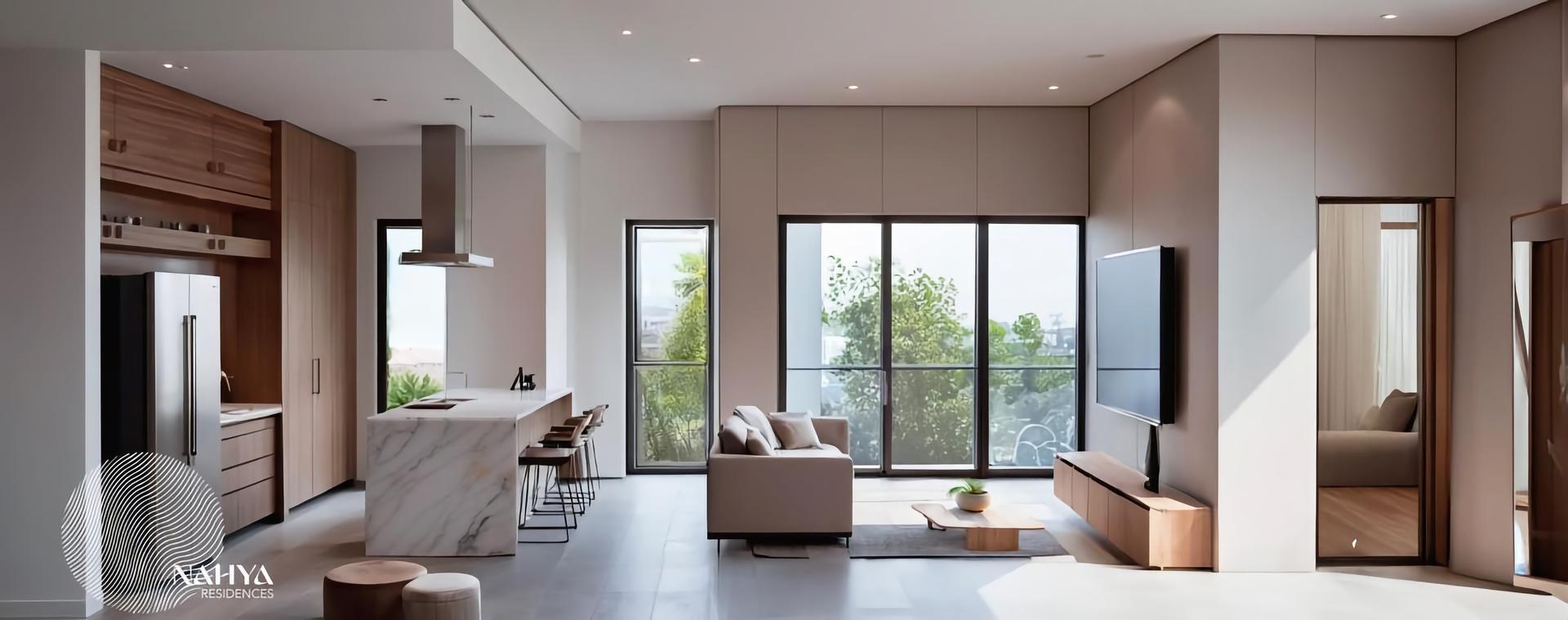 Rendering of a Nahya residence interior: kitchen and living room